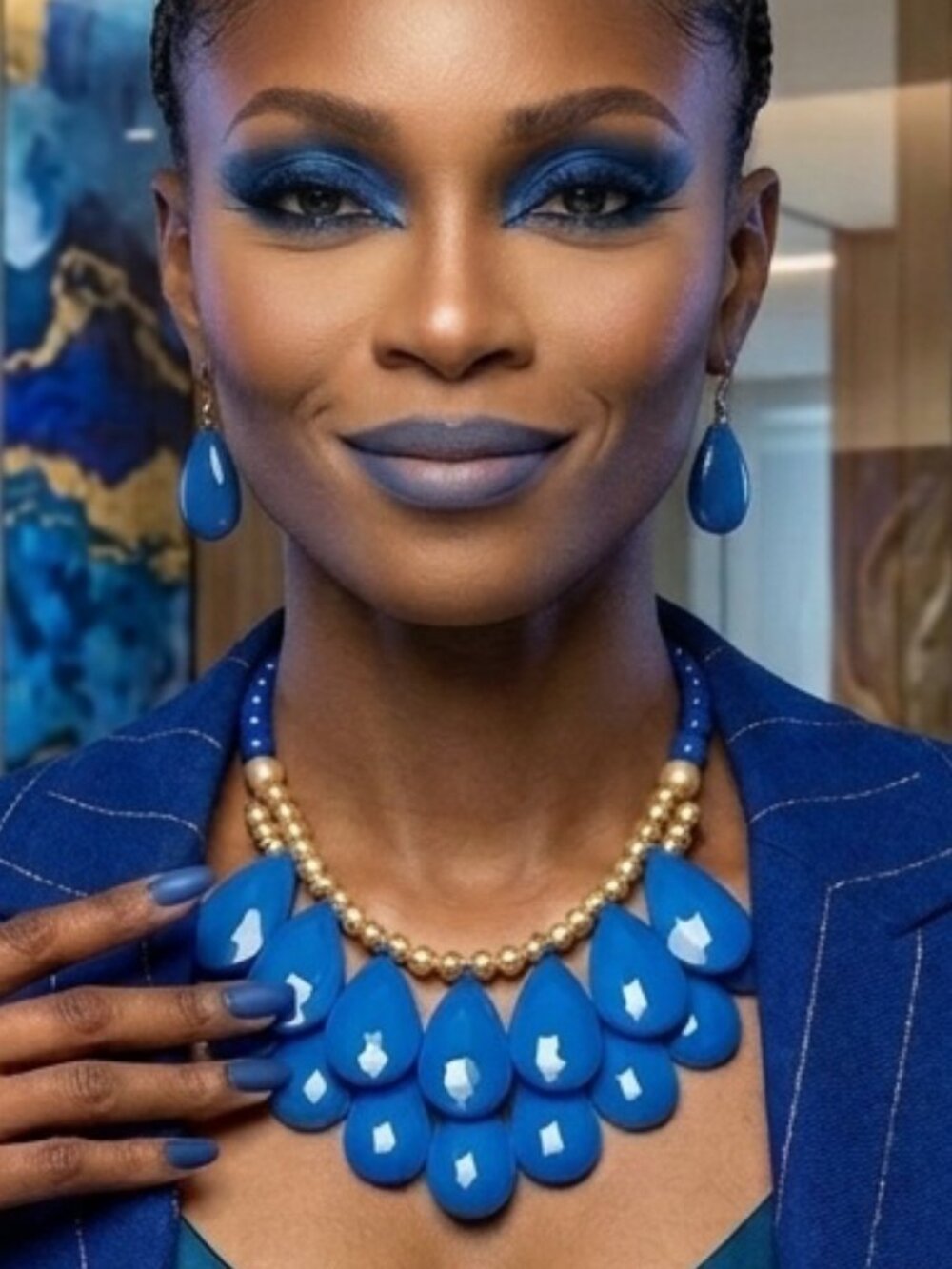 New! Statement Royal Blue Teardrop Bib Necklace with Matching Earrings